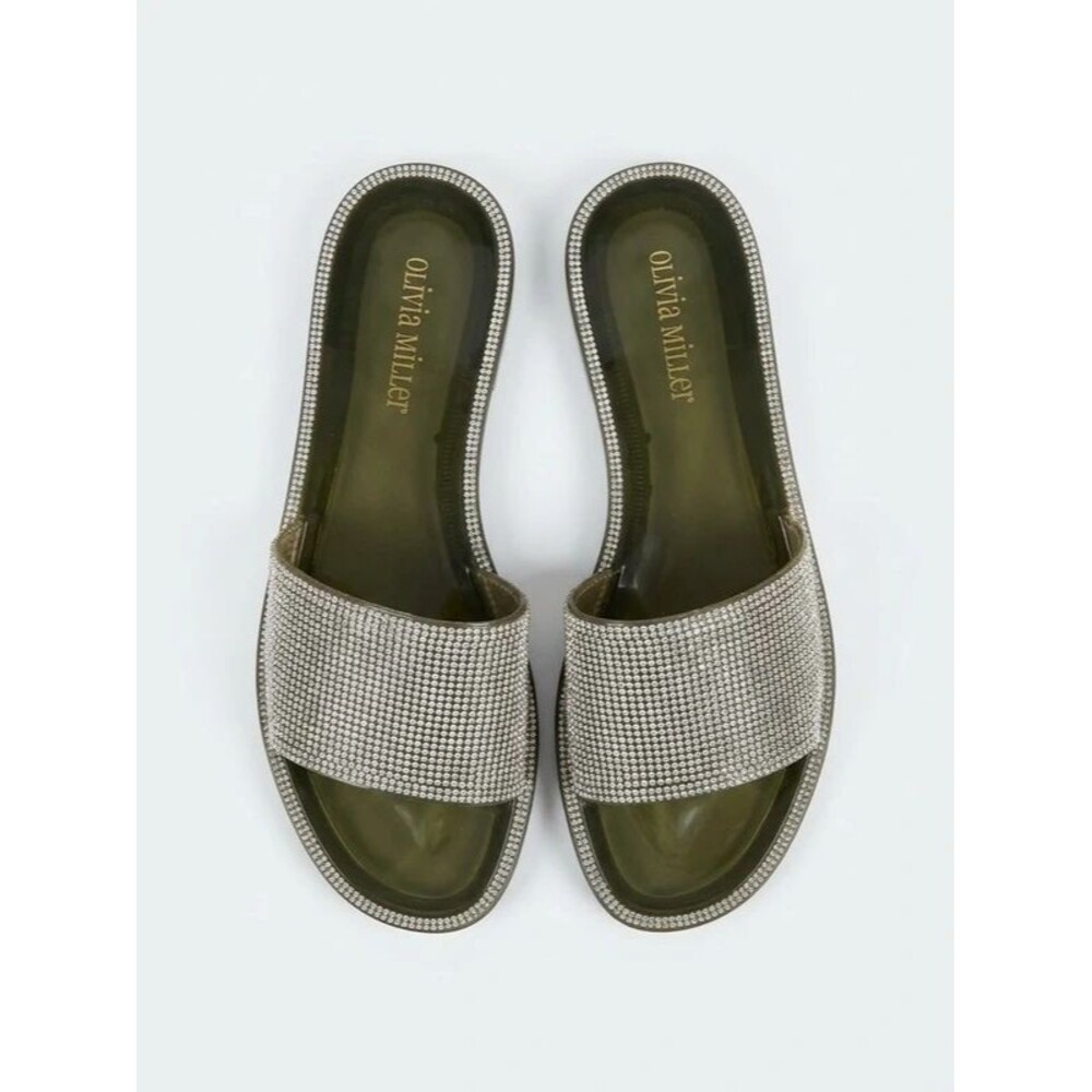 Olivia Miller Rhinestone Sparkle Jelly Slide Sandals - Olive Green Smoke Size 10